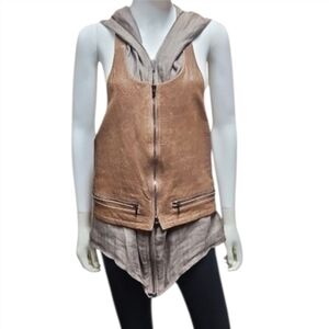 HAIDER ACKERMANN | Leather Hooded Two-Layer Vest Tan Gray IT 38 / US 6